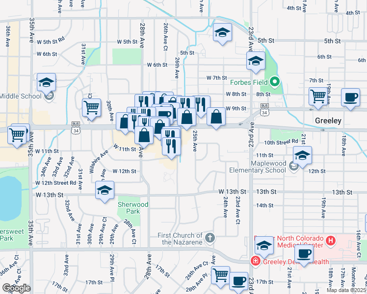 map of restaurants, bars, coffee shops, grocery stores, and more near 1051 26th Avenue in Greeley