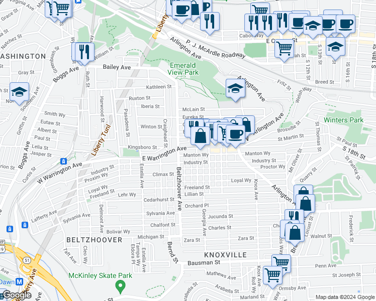 map of restaurants, bars, coffee shops, grocery stores, and more near 616 East Warrington Avenue in Pittsburgh