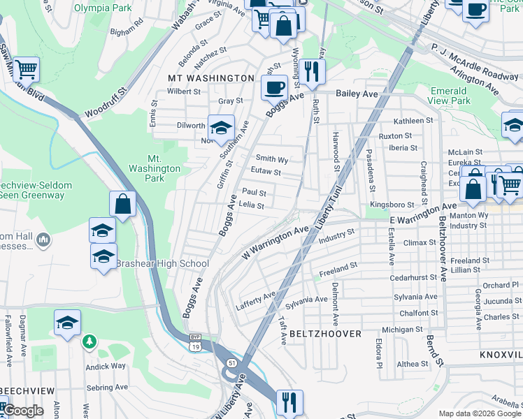 map of restaurants, bars, coffee shops, grocery stores, and more near 247 Lelia Street in Pittsburgh