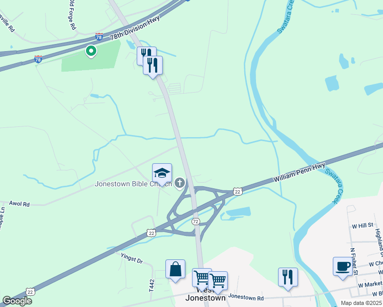 map of restaurants, bars, coffee shops, grocery stores, and more near 2568 Pennsylvania 72 in Jonestown
