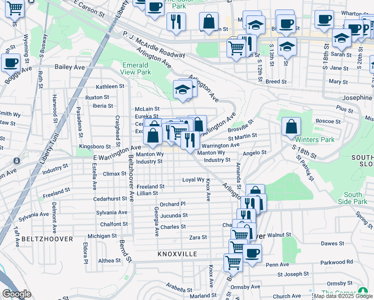 map of restaurants, bars, coffee shops, grocery stores, and more near in Pittsburgh