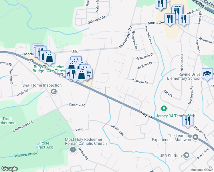 map of restaurants, bars, coffee shops, grocery stores, and more near 13 Forest Garden Drive in Matawan