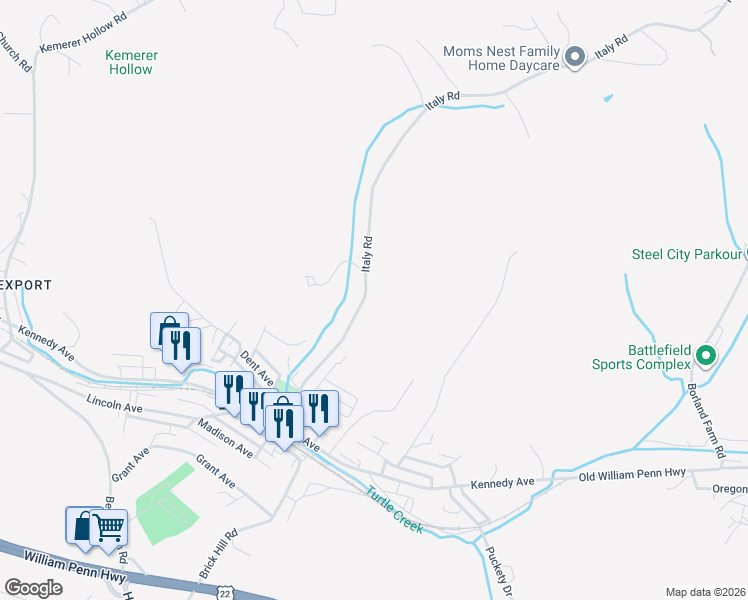 map of restaurants, bars, coffee shops, grocery stores, and more near 2918 Italy Road in Export