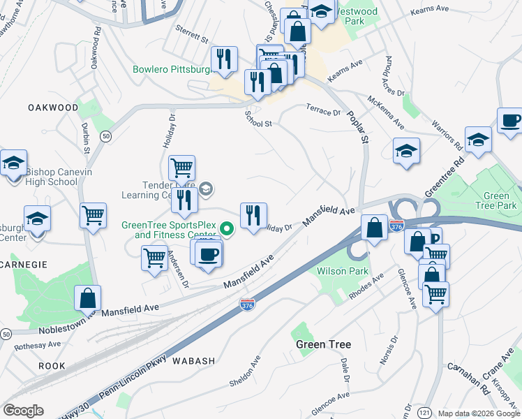 map of restaurants, bars, coffee shops, grocery stores, and more near 415 Holiday Drive in Pittsburgh