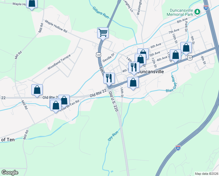 map of restaurants, bars, coffee shops, grocery stores, and more near U.S. 22 in Duncansville