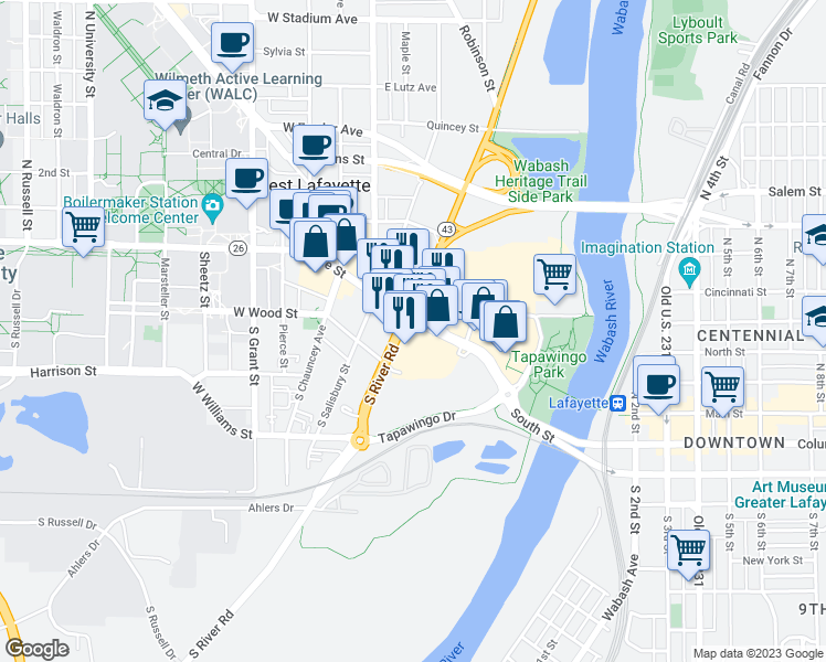 map of restaurants, bars, coffee shops, grocery stores, and more near 108 South River Road in West Lafayette