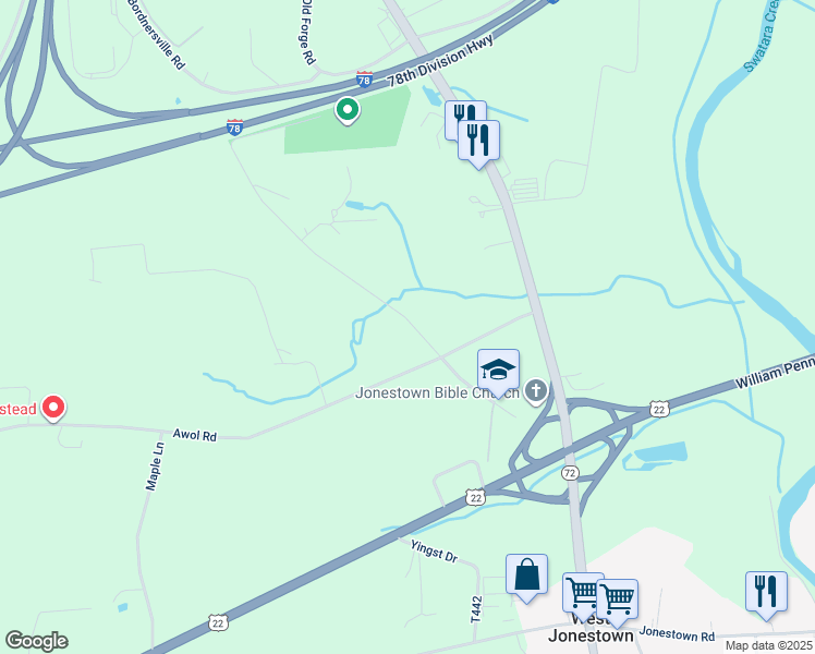 map of restaurants, bars, coffee shops, grocery stores, and more near 69 Silvertown Road in Jonestown