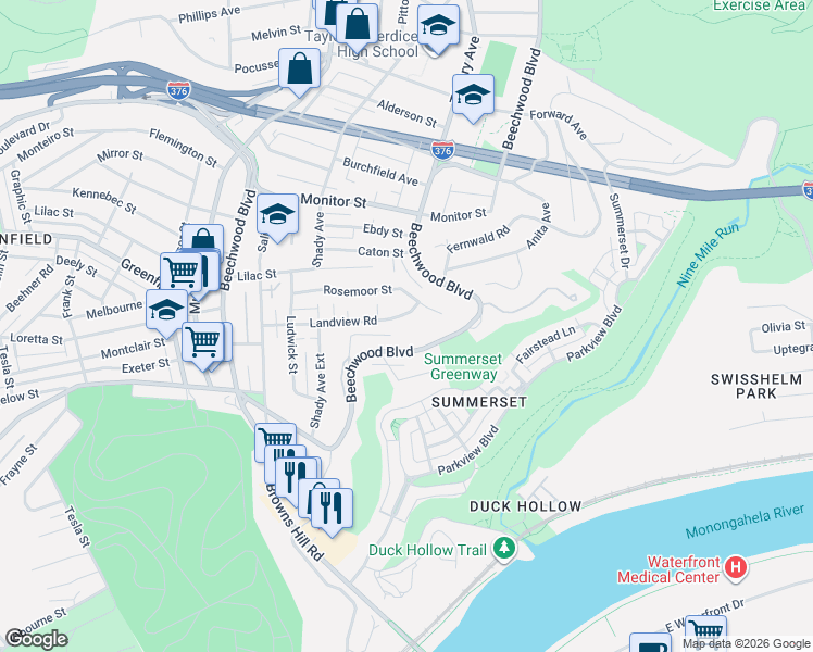 map of restaurants, bars, coffee shops, grocery stores, and more near 6620 Rosemoor Street in Pittsburgh