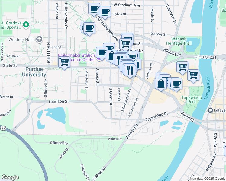 map of restaurants, bars, coffee shops, grocery stores, and more near 218 South Grant Street in West Lafayette