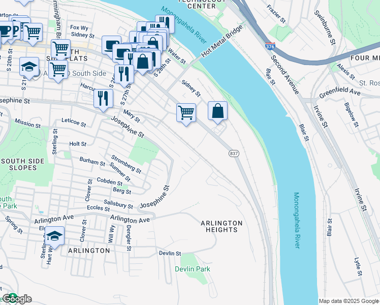 map of restaurants, bars, coffee shops, grocery stores, and more near 3210 Jane Street in Pittsburgh