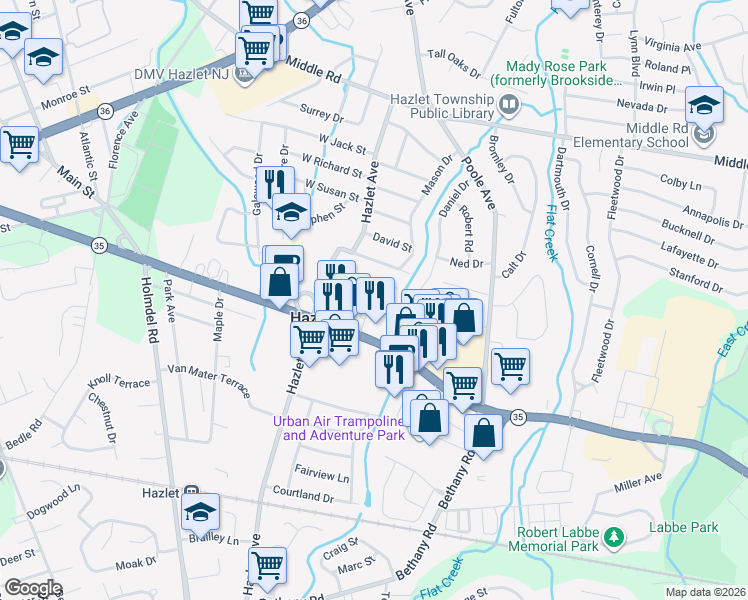 map of restaurants, bars, coffee shops, grocery stores, and more near 3121 New Jersey 35 in Hazlet