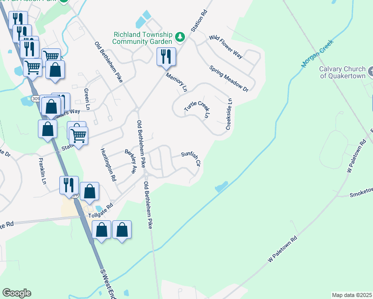 map of restaurants, bars, coffee shops, grocery stores, and more near 2439 Sunfish Circle in Quakertown
