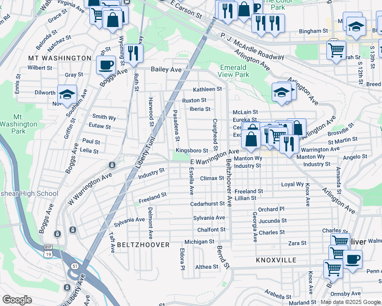 map of restaurants, bars, coffee shops, grocery stores, and more near 317 Kingsboro Street in Pittsburgh