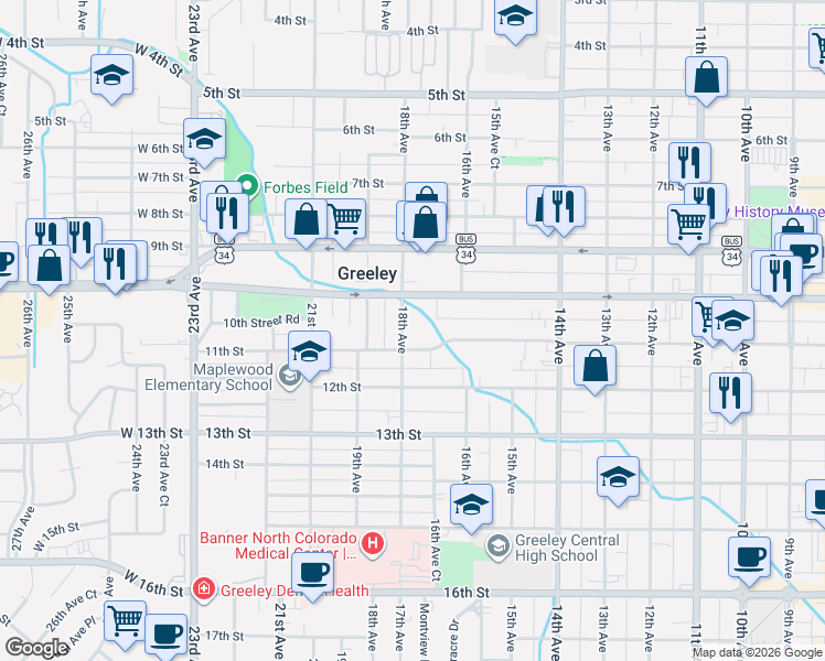 map of restaurants, bars, coffee shops, grocery stores, and more near 1016 18th Avenue in Greeley