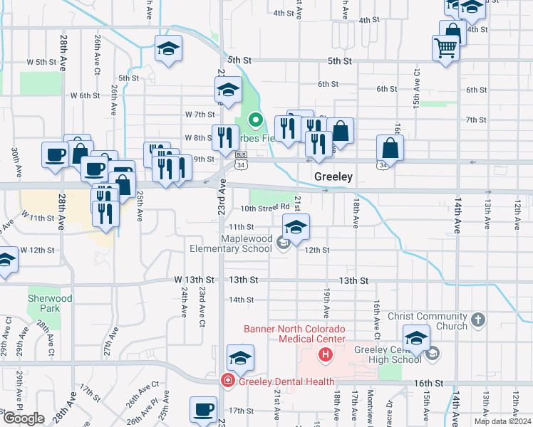 map of restaurants, bars, coffee shops, grocery stores, and more near 2138 10th Street Road in Greeley