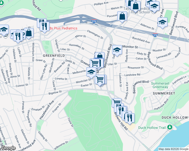 map of restaurants, bars, coffee shops, grocery stores, and more near in Pittsburgh