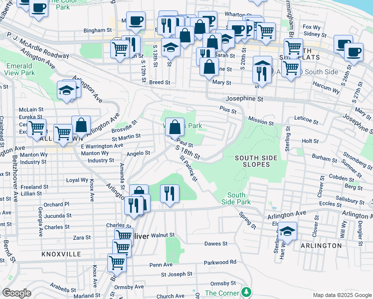 map of restaurants, bars, coffee shops, grocery stores, and more near 164 Saint Paul Street in Pittsburgh