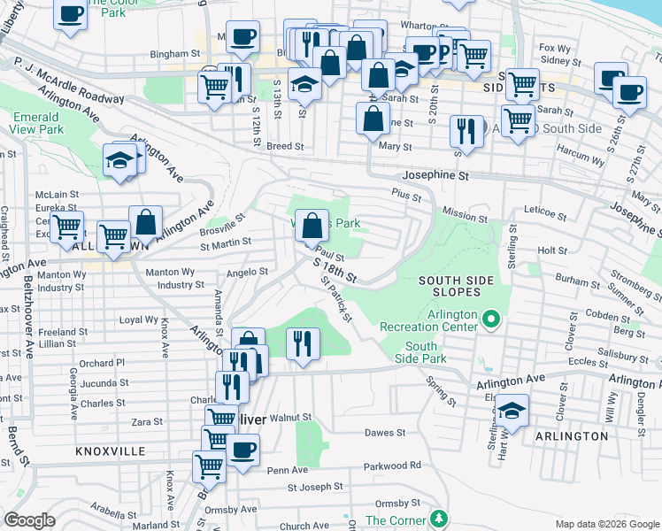 map of restaurants, bars, coffee shops, grocery stores, and more near 164 Saint Paul Street in Pittsburgh