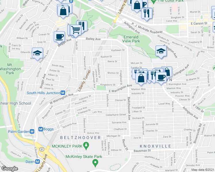 map of restaurants, bars, coffee shops, grocery stores, and more near 317 Kingsboro Street in Pittsburgh