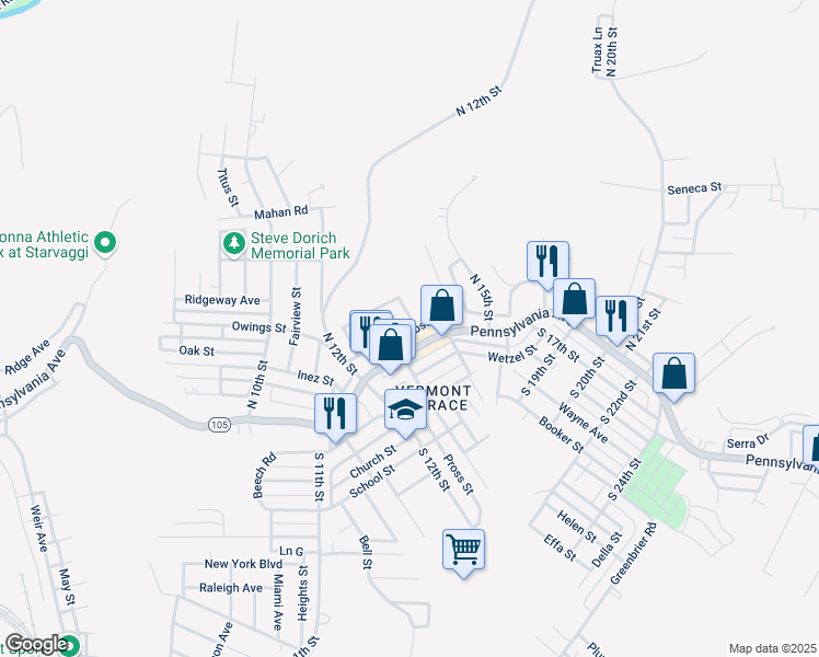 map of restaurants, bars, coffee shops, grocery stores, and more near 110 Eva St in Weirton