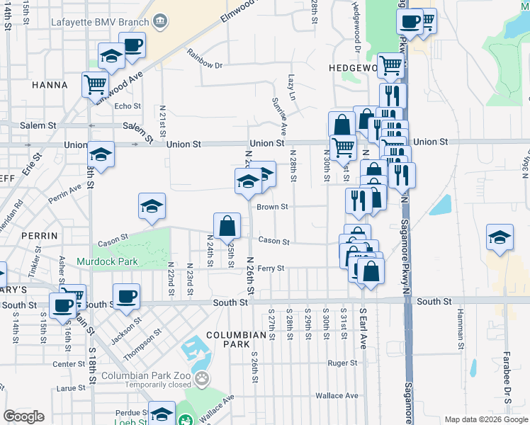 map of restaurants, bars, coffee shops, grocery stores, and more near 525 North 26th Street in Lafayette