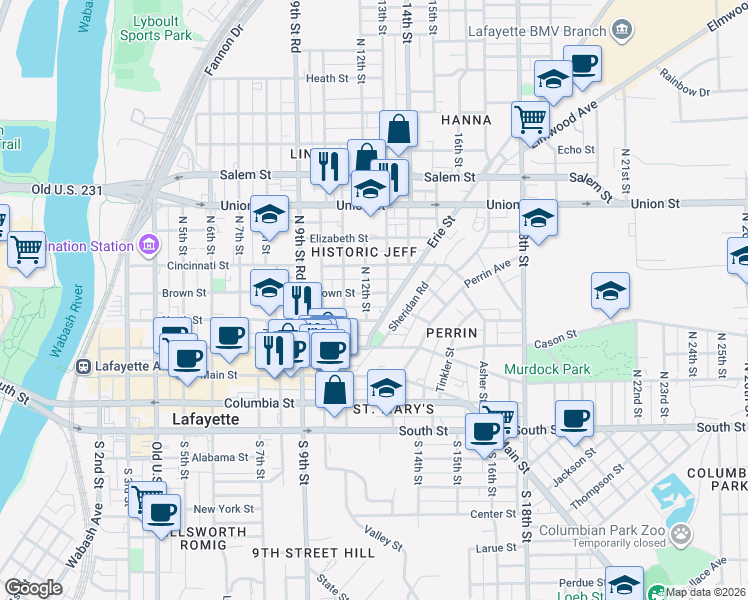 map of restaurants, bars, coffee shops, grocery stores, and more near 1300 Brown Street in Lafayette