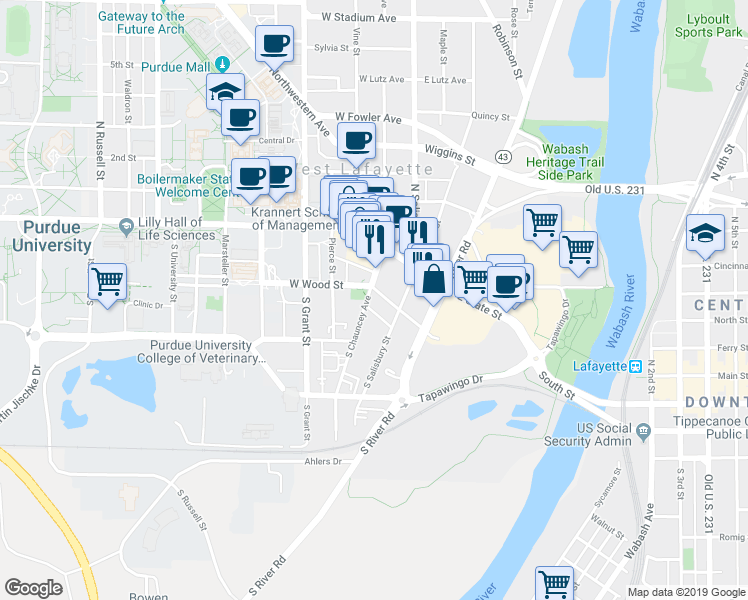 map of restaurants, bars, coffee shops, grocery stores, and more near 122 West Wood Street in West Lafayette