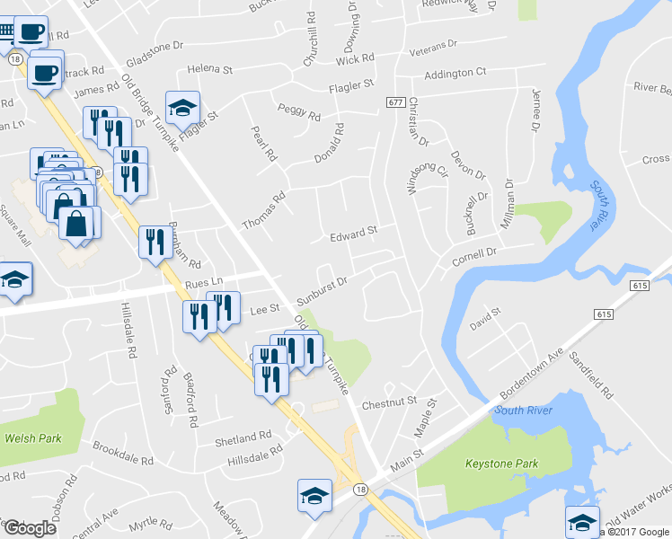 map of restaurants, bars, coffee shops, grocery stores, and more near 33 Allison Drive in East Brunswick