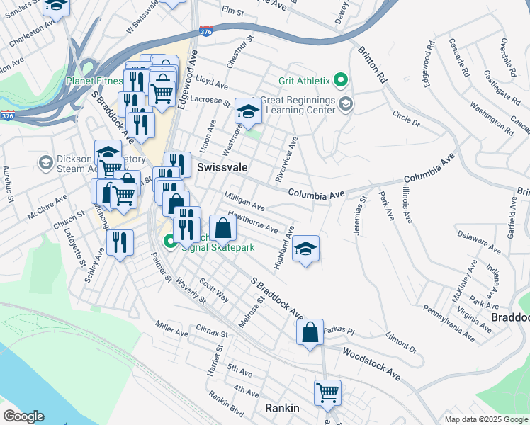 map of restaurants, bars, coffee shops, grocery stores, and more near 2319 Patterson Avenue in Swissvale