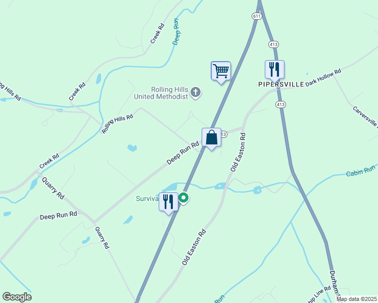 map of restaurants, bars, coffee shops, grocery stores, and more near 1611 Deep Run Road in Bucks County