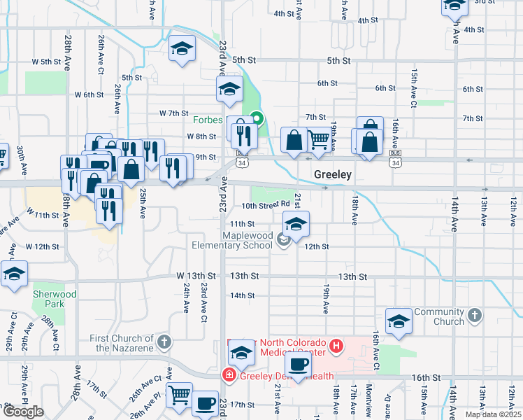 map of restaurants, bars, coffee shops, grocery stores, and more near 2138 10th Street Road in Greeley