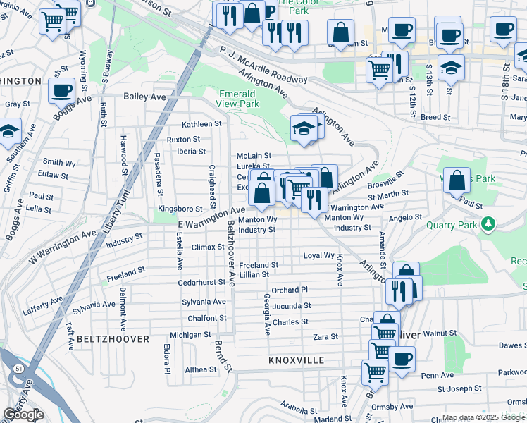 map of restaurants, bars, coffee shops, grocery stores, and more near 719 East Warrington Avenue in Pittsburgh