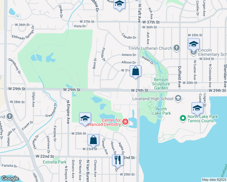 map of restaurants, bars, coffee shops, grocery stores, and more near 1504 West 29th Street in Loveland