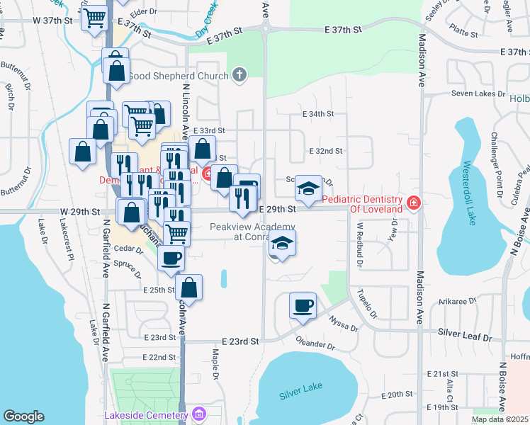 map of restaurants, bars, coffee shops, grocery stores, and more near 2890 North Monroe Avenue in Loveland