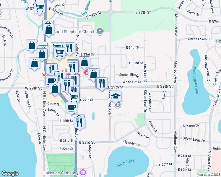 map of restaurants, bars, coffee shops, grocery stores, and more near 2890 North Monroe Avenue in Loveland