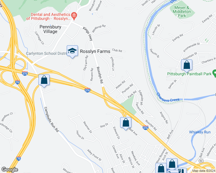map of restaurants, bars, coffee shops, grocery stores, and more near 314 Rosslyn Road in Carnegie