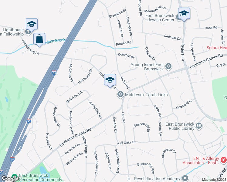 map of restaurants, bars, coffee shops, grocery stores, and more near 9 Hardenburg Lane in East Brunswick