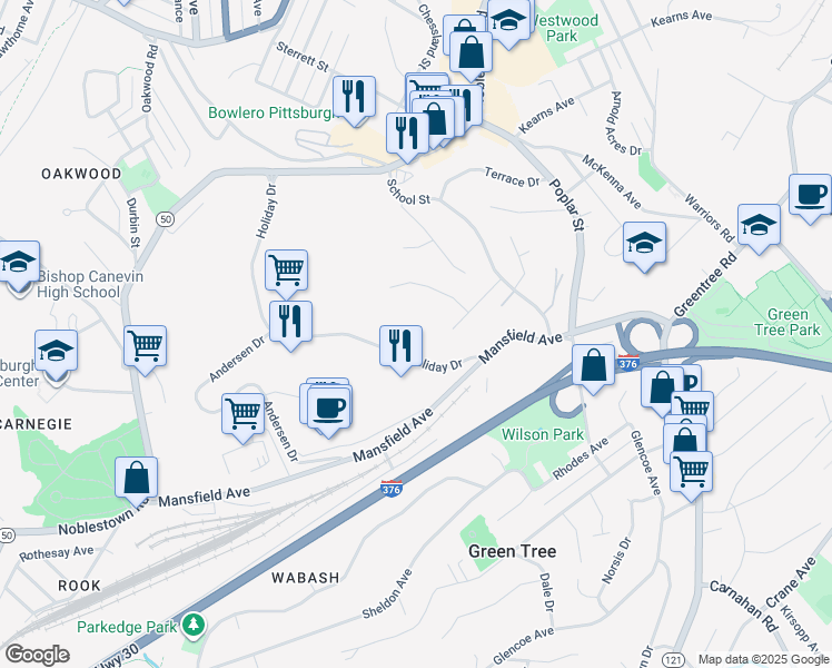 map of restaurants, bars, coffee shops, grocery stores, and more near 415 Holiday Drive in Pittsburgh