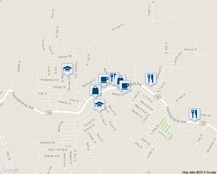map of restaurants, bars, coffee shops, grocery stores, and more near 103 North 14th Street in Weirton