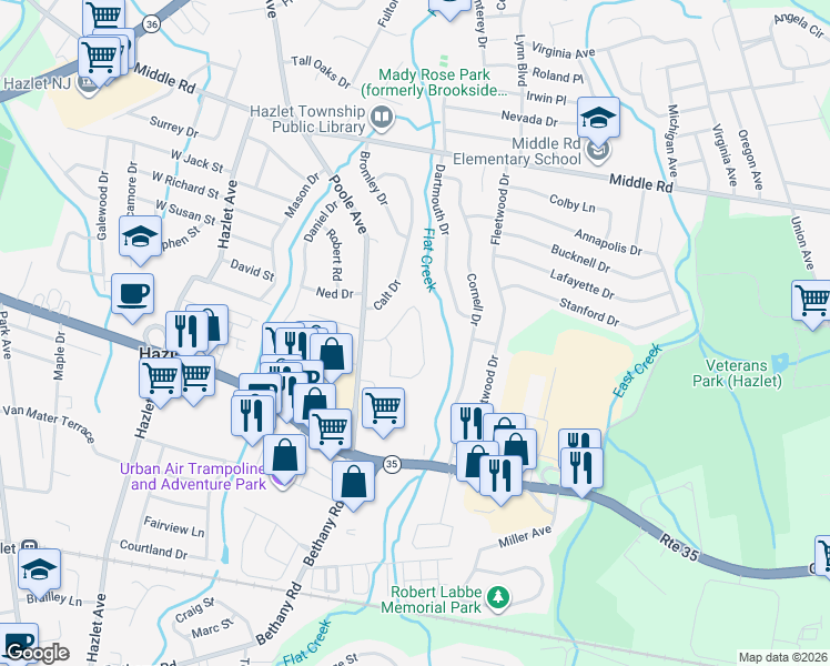 map of restaurants, bars, coffee shops, grocery stores, and more near 25 Croman Court in Hazlet