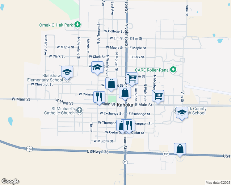 map of restaurants, bars, coffee shops, grocery stores, and more near 201 West Commercial Street in Kahoka