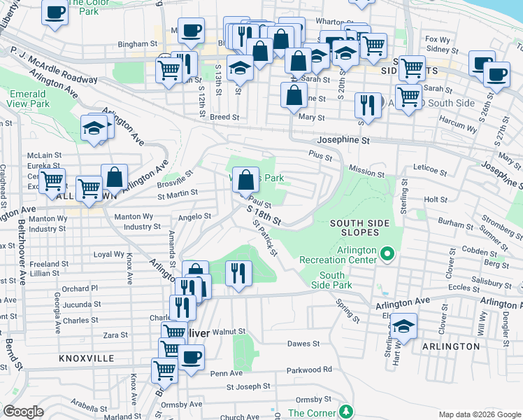 map of restaurants, bars, coffee shops, grocery stores, and more near 164 Saint Paul Street in Pittsburgh