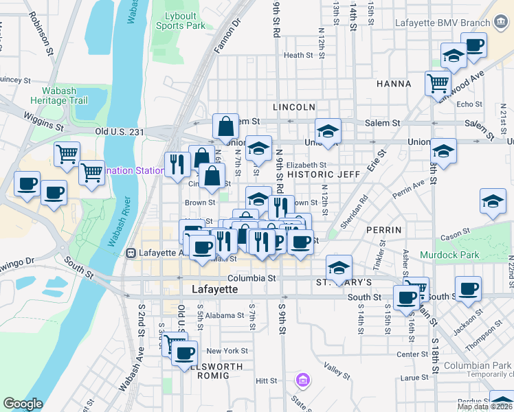map of restaurants, bars, coffee shops, grocery stores, and more near 638 North Street in Lafayette
