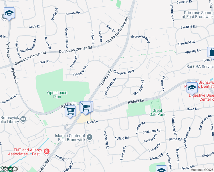 map of restaurants, bars, coffee shops, grocery stores, and more near 312 Wycoff Way West in East Brunswick