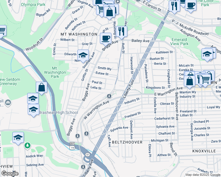 map of restaurants, bars, coffee shops, grocery stores, and more near 284 Paul Street in Pittsburgh