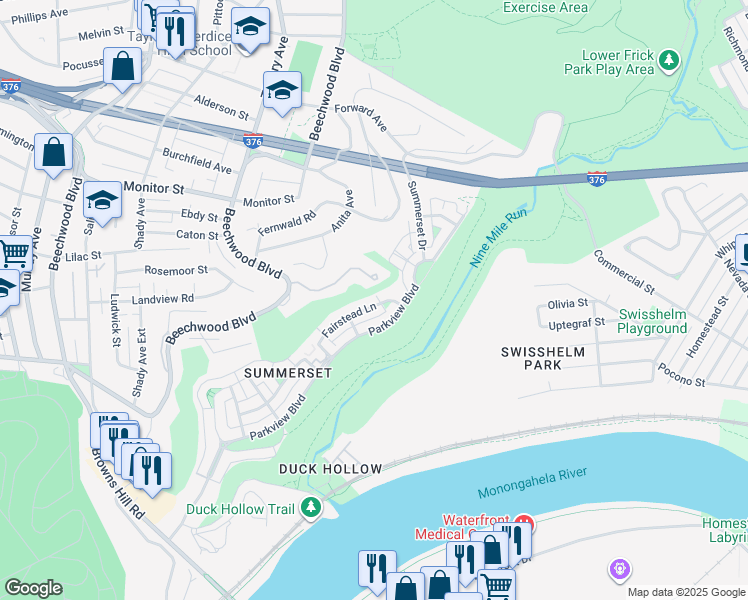 map of restaurants, bars, coffee shops, grocery stores, and more near 44 Rosemont Lane in Pittsburgh