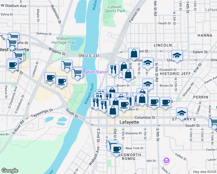 map of restaurants, bars, coffee shops, grocery stores, and more near 316 Brown Street in Lafayette