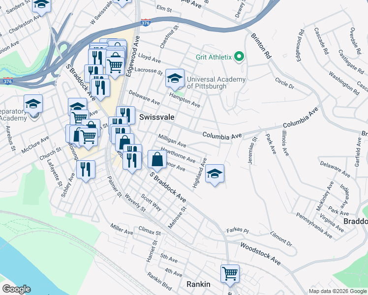 map of restaurants, bars, coffee shops, grocery stores, and more near 2238 Milligan Avenue in Pittsburgh