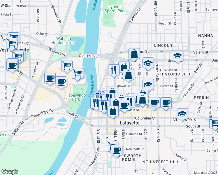 map of restaurants, bars, coffee shops, grocery stores, and more near 316 Brown Street in Lafayette