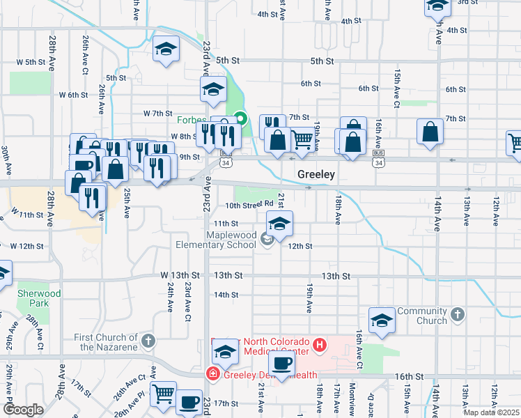 map of restaurants, bars, coffee shops, grocery stores, and more near 2110 10th Street Road in Greeley